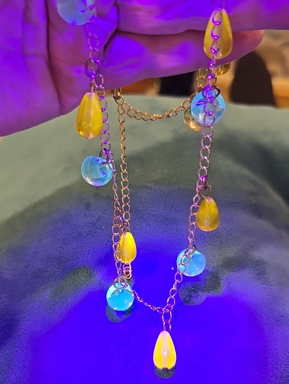 Vintage Gold Chain Necklace w Uranium Glass Teardrop and Blue Glass Bead Accents